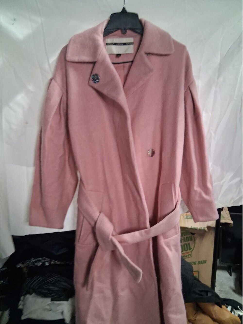TOPSHOP Long Coat Mutton Sleeve Belted Pink Women’s Size 6 Winter Pea Trench